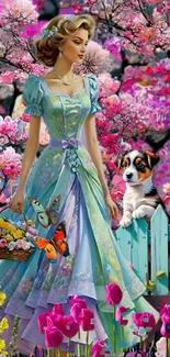 Princess in floral landscape with puppy and butterflies.