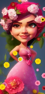 Fantasy art of a floral princess in a pink dress with roses and greenery.