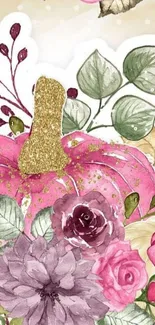 Floral pumpkin wallpaper with pink roses and gold glitter accents.