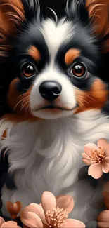 A cute dog with flowers, beautifully illustrated.