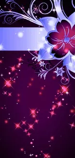 Purple floral wallpaper with sparkles and elegant design.