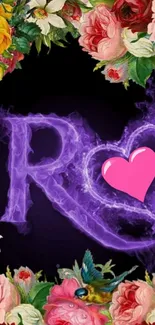 Purple 'R' with pink heart and floral border on black background.