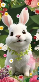 Cute bunny surrounded by colorful flowers and greenery on a mobile wallpaper.