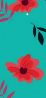 Red and pink floral design on an aqua blue background.