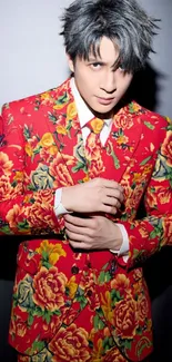 Vibrant floral red suit design wallpaper.