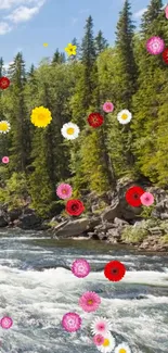 Floral river scenery with colorful flowers and green trees against blue skies.