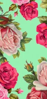 Vibrant roses against mint green background, floral mobile wallpaper.