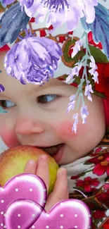 Child with floral scarf and apple, adorned with purple flowers.