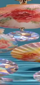 Floral seashells and crystal gems on blue background.