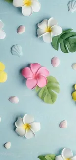 Tropical flowers and seashells on light blue wallpaper.