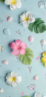 Pastel floral and seashells on light blue phone wallpaper.