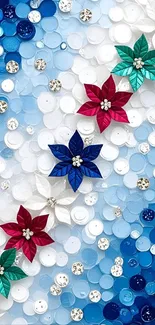 Colorful floral sequin art wallpaper with a blue gradient background.