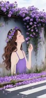 Artistic floral mural with purple flowers and serene ambiance.