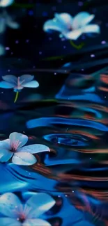 Flowers floating on serene water reflection.