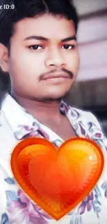 Young man in floral shirt with vibrant heart art.