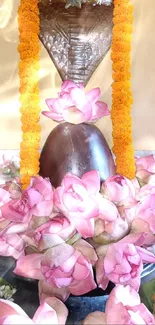 Shivlinga adorned with pink lotus and marigold garlands.