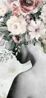 Silhouette with floral crown mobile wallpaper in grayscale tones.