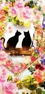 Silhouette of two cats with a floral heart frame.