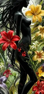 Silhouette with colorful lilies in artistic design.