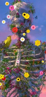 Surreal skeleton with flowers and bird in a colorful sky.