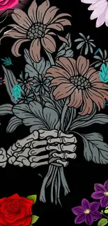 Skeleton hand holding flowers against a black background with vibrant colors.