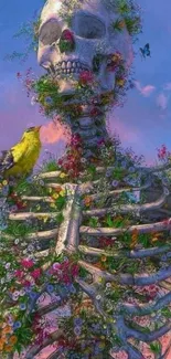 Whimsical skeleton with flowers and bird in vibrant fantasy art.