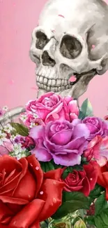 Skeleton adorned with vibrant roses on a pink background.