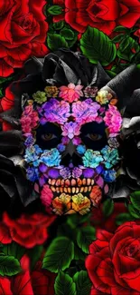 Vibrant floral skull with red roses and colorful design.