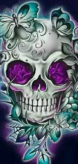 Intricate floral skull wallpaper with butterflies and vibrant colors.