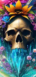 Artistic skull with vibrant flowers on a teal background.