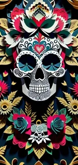 Vibrant floral skull art mobile wallpaper with intricate design.