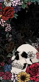 Floral skull wallpaper with vibrant flowers on a dark background.