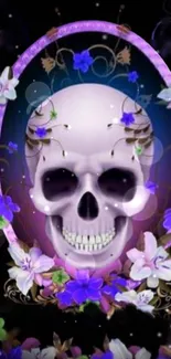 Purple floral skull with gothic accents on a dark background.