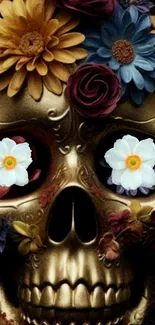 Golden skull with colorful floral decorations mobile wallpaper.