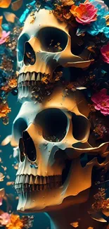 Artistic wallpaper featuring two skulls entwined with vibrant flowers.