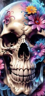 Colorful skull with flowers on a mobile wallpaper.