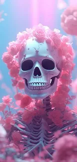 White skull with pink flowers on pastel background.