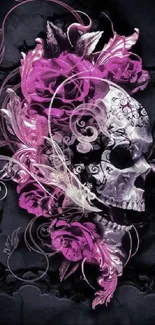 Dark skull with pink floral art on wallpaper.