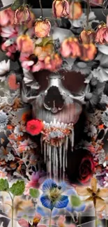 Black and floral skull with colorful flowers.