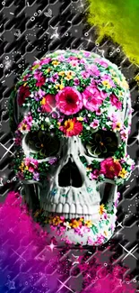 Floral skull with neon colors and shimmering background on a mobile wallpaper.