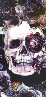 Floral skull art wallpaper with a gothic theme and vibrant colors.