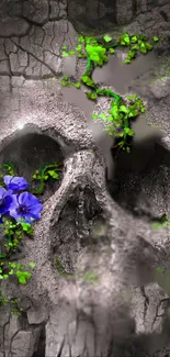 Floral skull with green vines and purple flowers on a textured stone background.