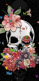 Skull with flowers and butterflies on black background wallpaper