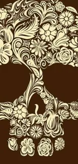 Floral skull design on brown background wallpaper.