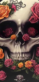 Floral skull art design with colorful roses on black background.