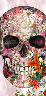 Floral skull design with colorful flowers on a pink background.