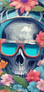 Skull wearing glasses amidst colorful flowers in artistic wallpaper.