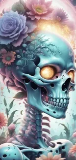 Surreal floral skull design with vibrant colors.