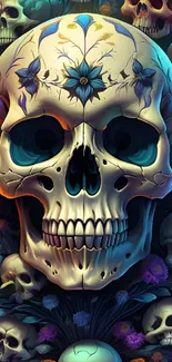 Artistic floral skull design with vibrant colors for phone wallpaper.