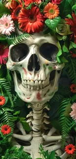 Skull with colorful flowers and green leaves.